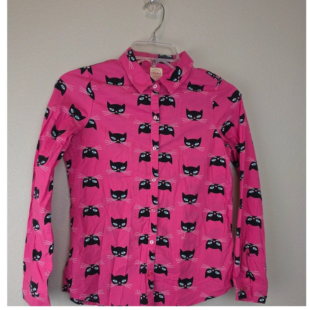 Faded Glory Button Down Shirt Girls XL 14-16 Pink Cat Print Long Sleeve